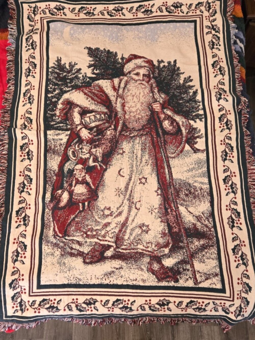 Vintage Woven Christmas Throw Blanket Old World Santa Father Christmas 66x44